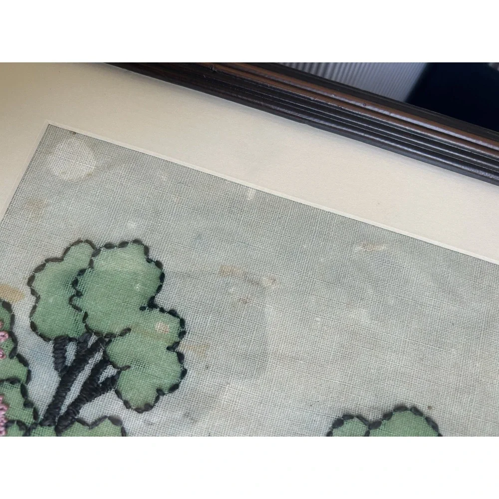 Vintage needle‎ point picture floral wood antique Framed 11x14 tapestry Farm